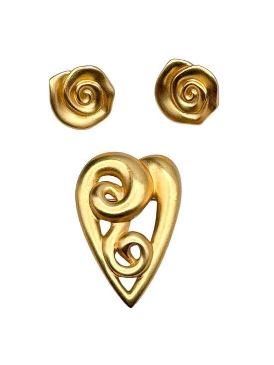 Anne Klein Jewelry - Vintage 80s Anne Klein Matte Gold Tone Heart Brooch and Flower Earrings Stylized